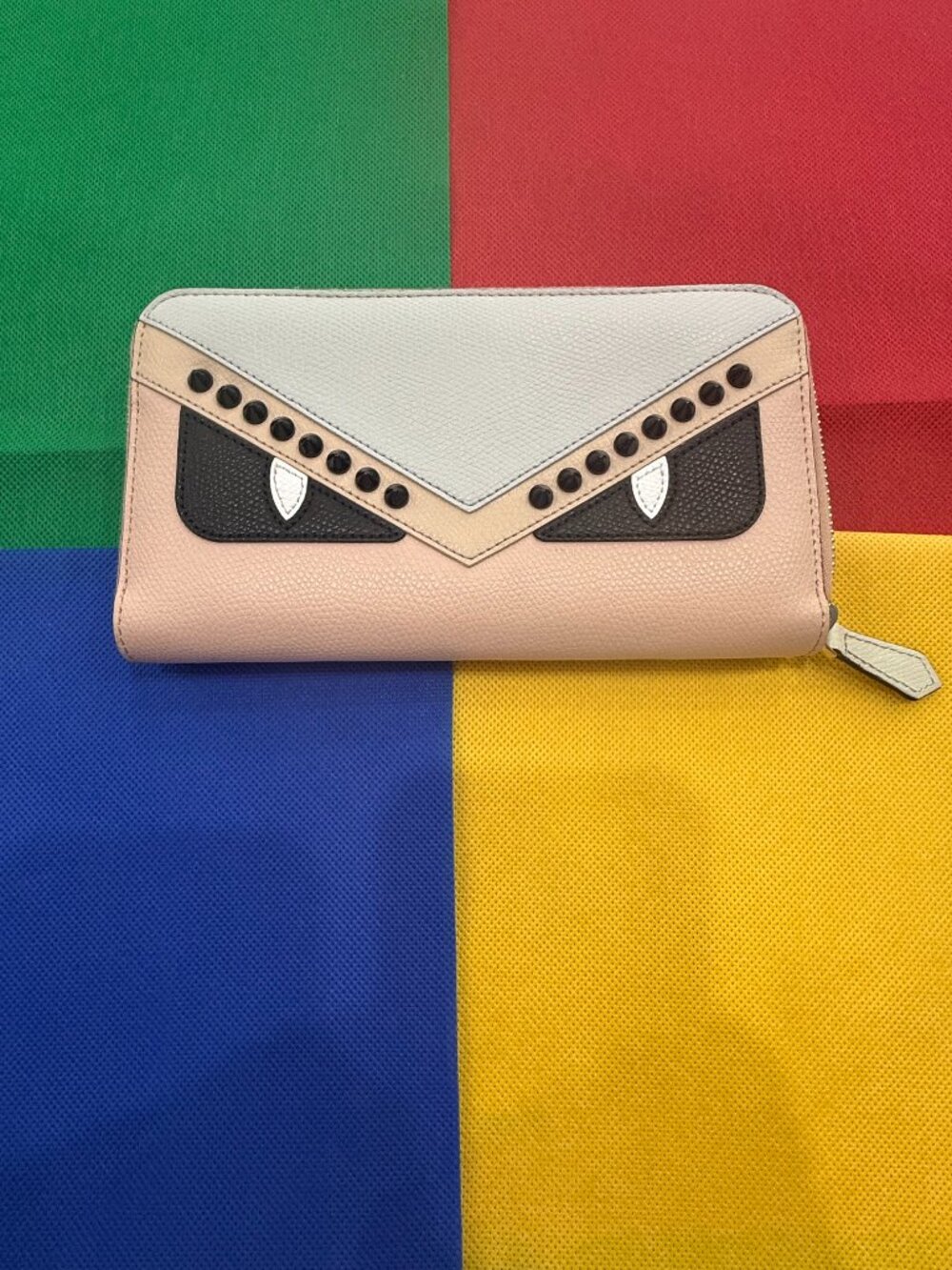 Fendi Monster Eyes Bag Bugs Studded Continental Zip Wallet Pink, Black and Grey